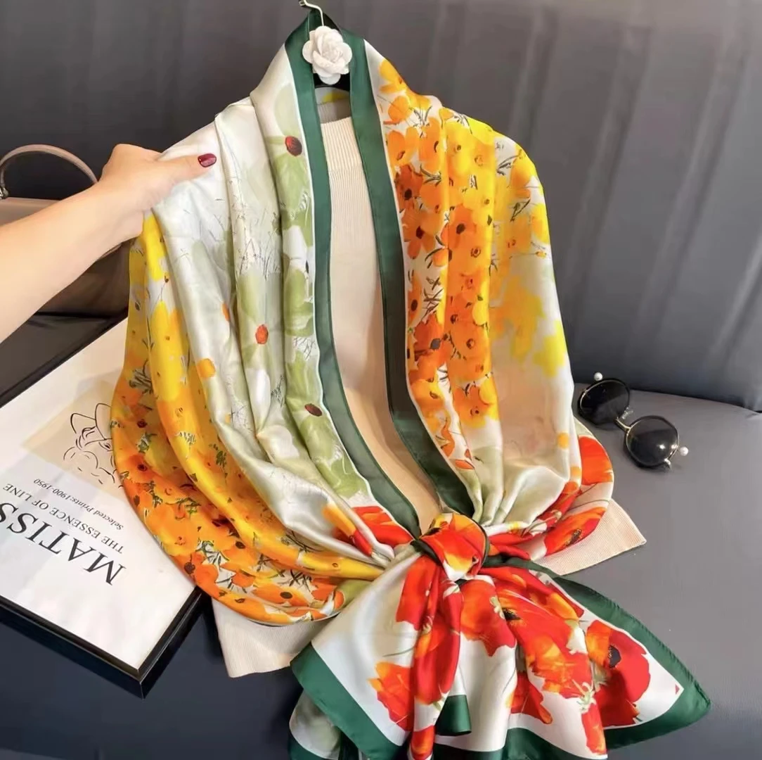 Green Red Women Natural Silk Scarf Shawl Printed Fashion Luxury 100% Pure Silk Long Scarves Elegant Floral Silk Neck Scarf Cape