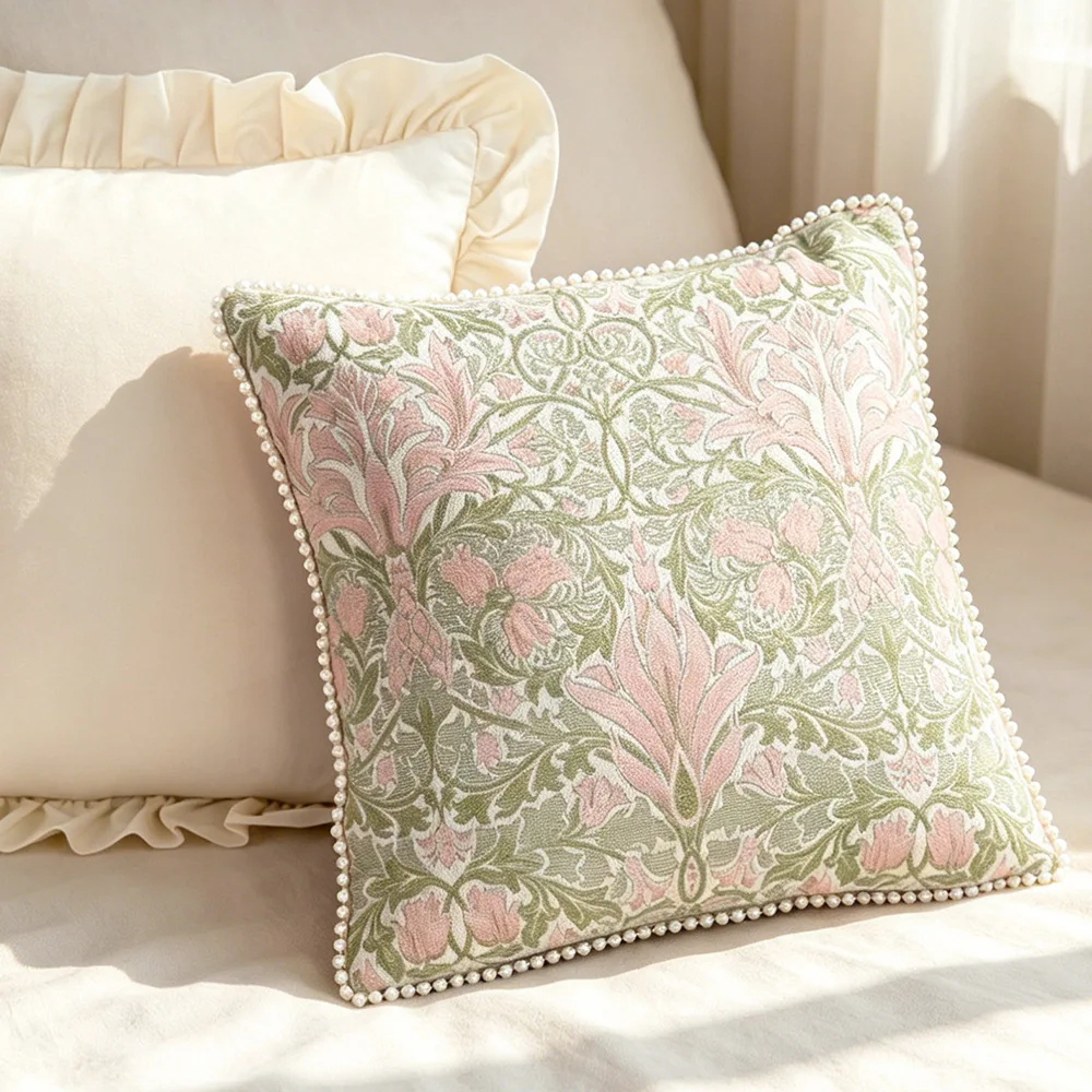Nordic Style Pink Relief Floral Pillow Cover with Pearl Lotus Leaf Skirt Edge Decoration, Yarn Woven Jacquard Pillowcase