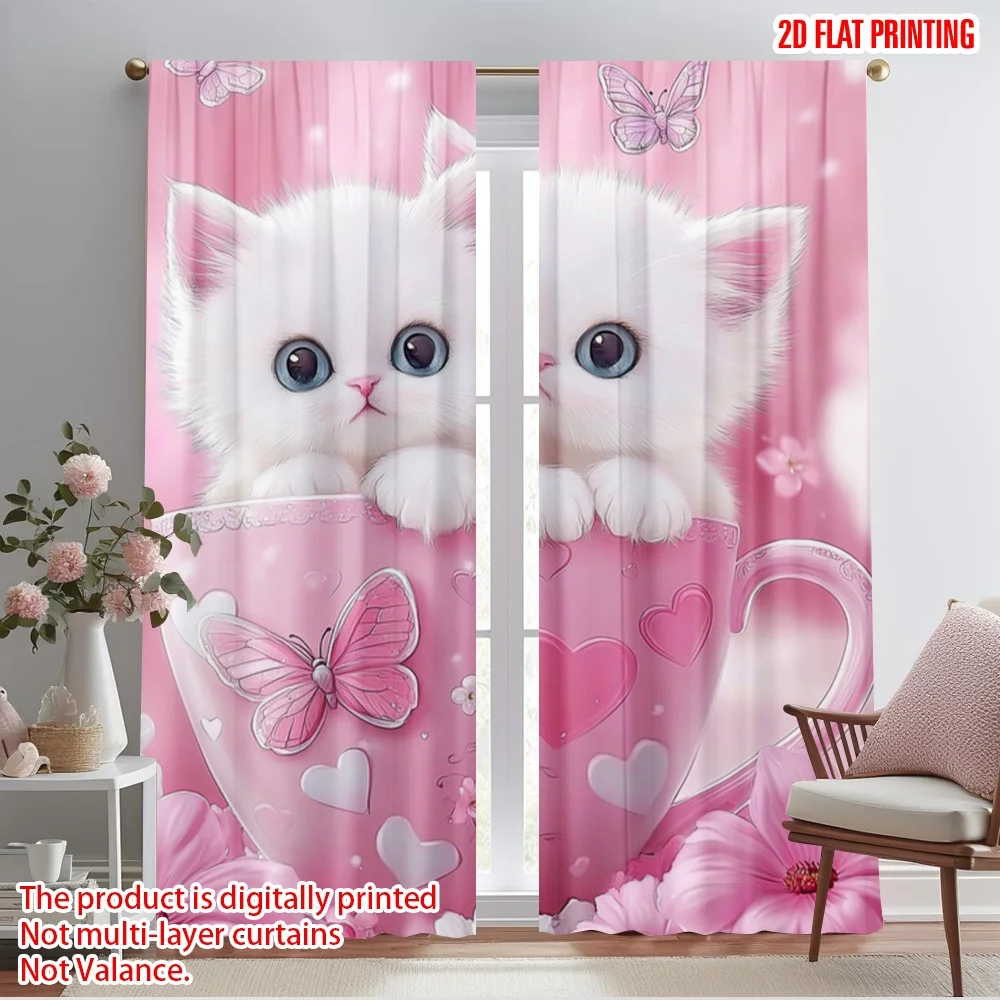 2pcs,2D plane printing Curtain Fabric Cuddly Teacup Twins Versatile Fabric (without rod) Festive Perfect for Study, Living Room,