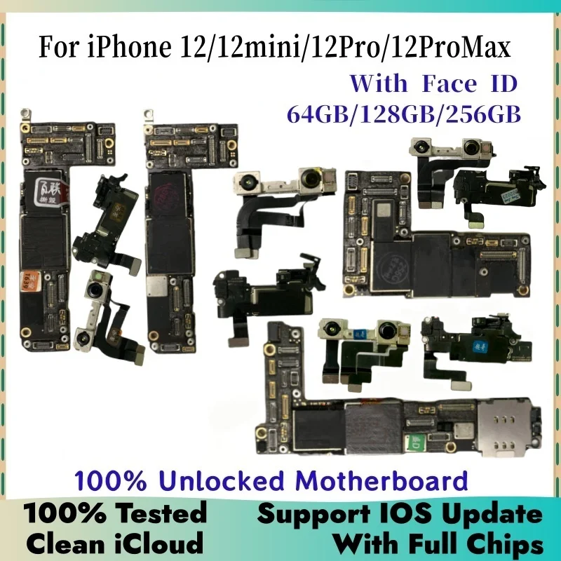 Placa base 100% probada para iPhone 12 Pro Max con/sin identificación facial placa lógica desbloqueada para iphone 12 mini Clean iCloud Mainboatd