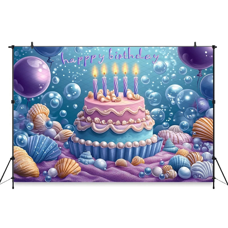 Mocsicka Underwater Happy Birthday Photography Backdrop Purple Ocean Blue Balloon Cake Girl Mermaid Party Baby Shower Background