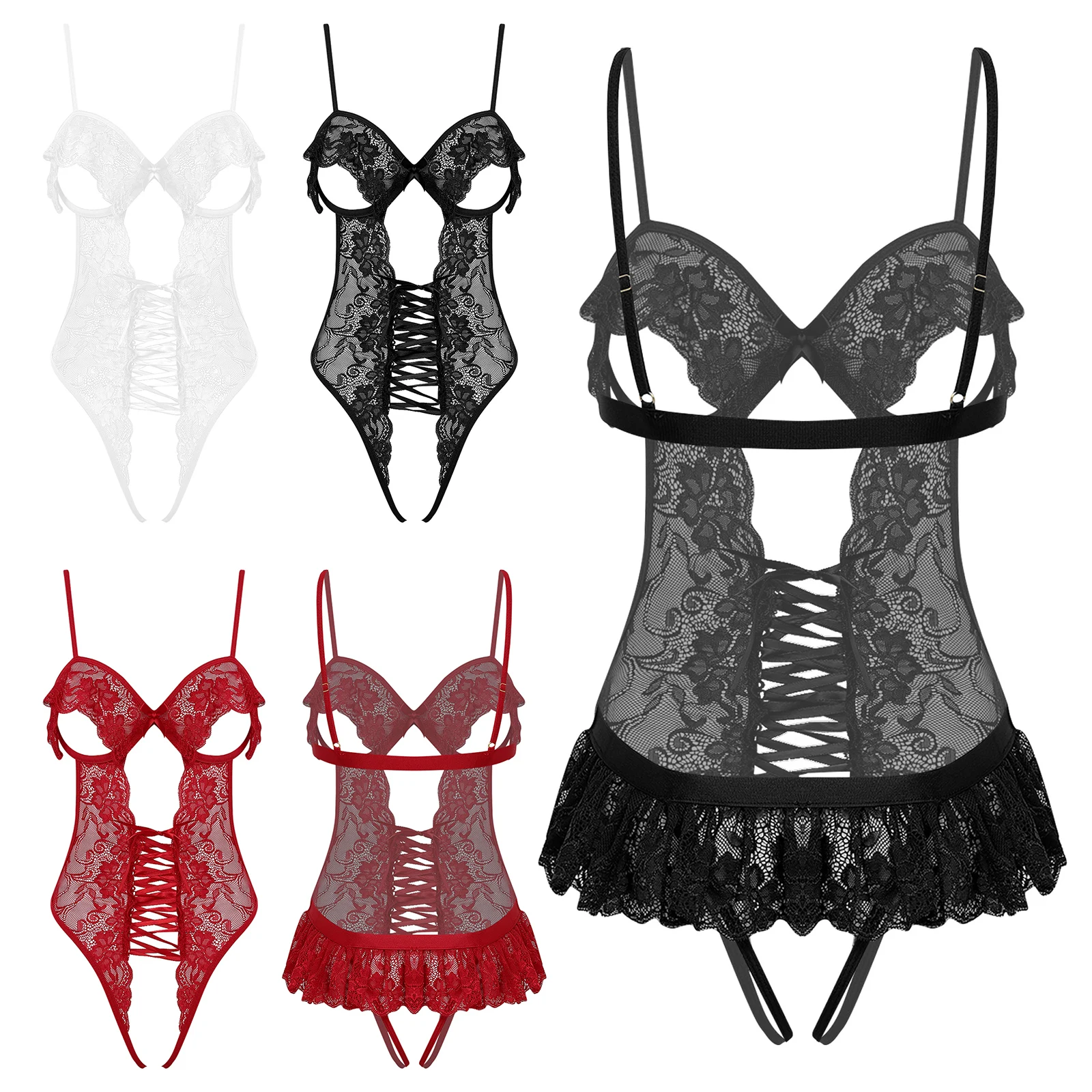 

Womens Sheer Floral Lace Bodysuit Nightgown Open Cup with Push-up Underwire Open Crotch Lacing Ruffled Trim Lingerie Leotard