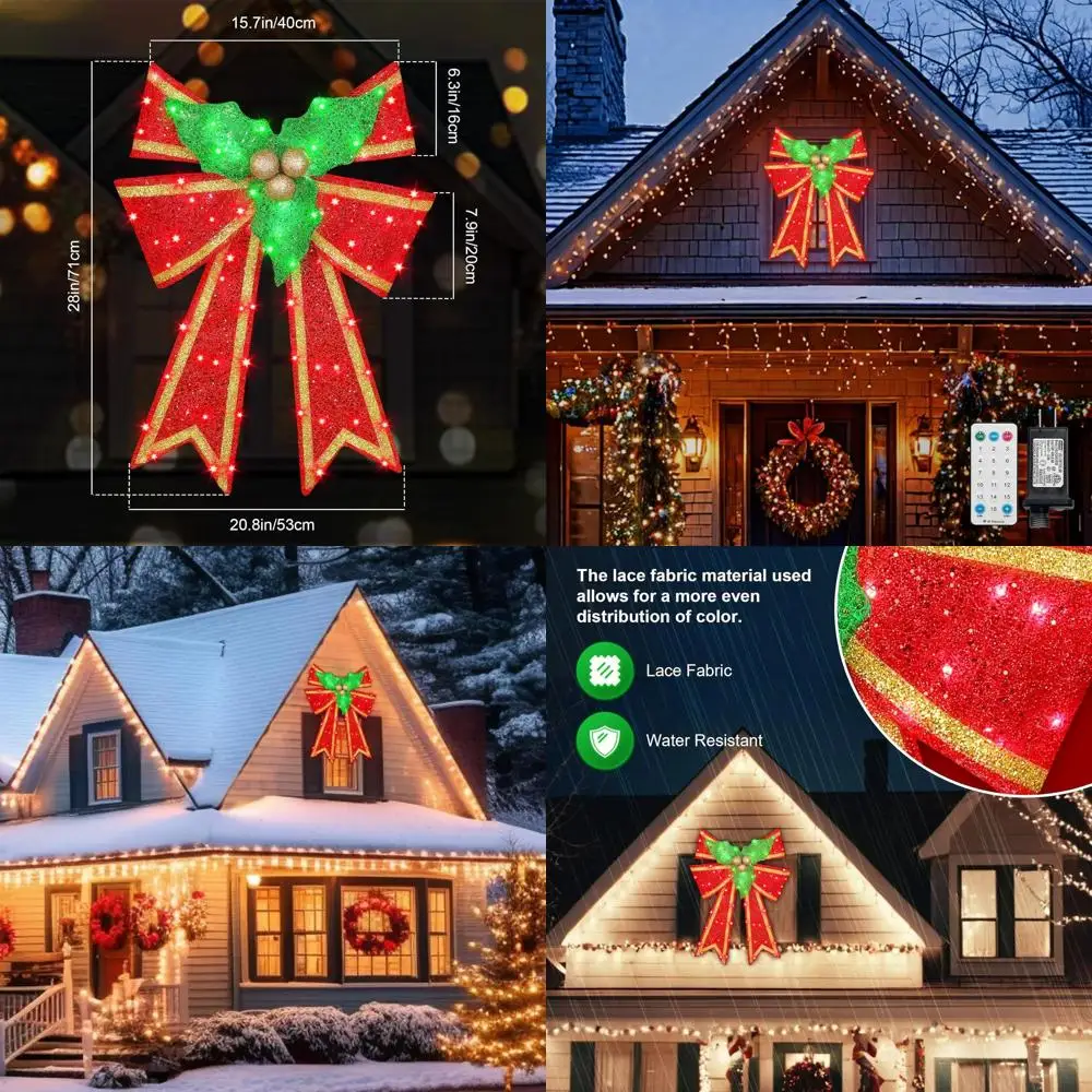 

28 Pre-Lit Christmas Bow Outdoor Decor, LED Holiday Yard Art, Red/Green with Gold, Door Wreath Topper, 16 Light Modes, Timer