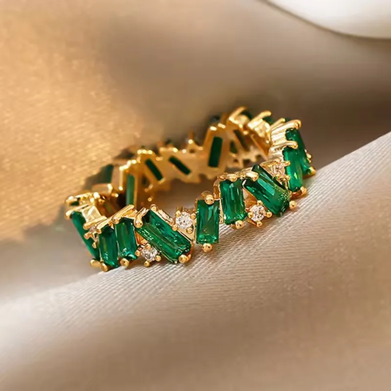Retro Geometric Green Cubic Zirconia Wedding Bands Women Rings Stylish Bridal Marriage Ceremony Party Luxury Trendy New Jewelry