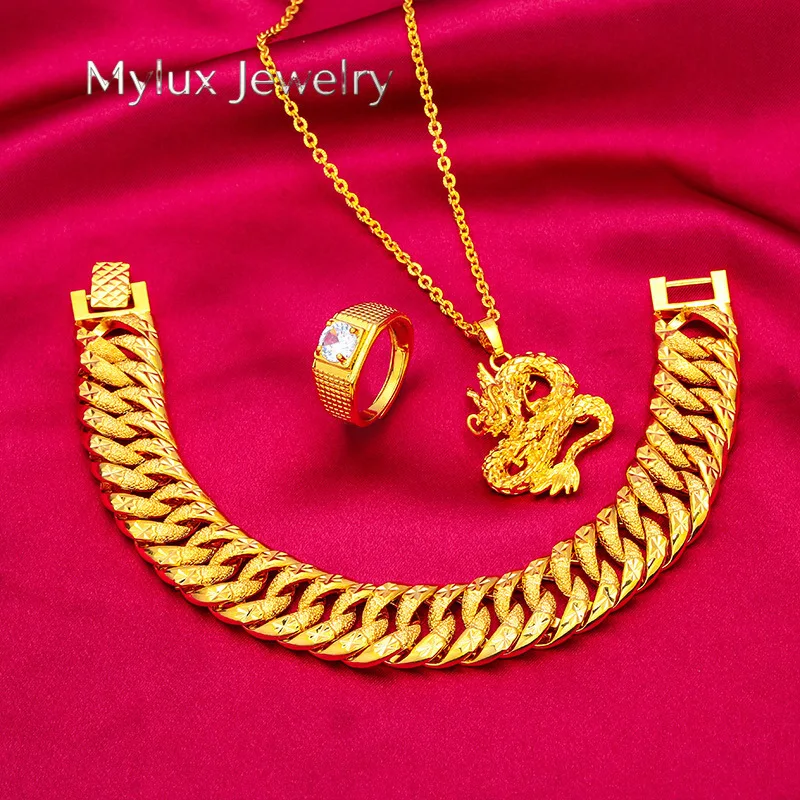 Mylux Jewelry Wide Edge Bracelet, Necklace Ring Set for Men 24K Gold, AU999 Double sided star track engravings rotating ring for