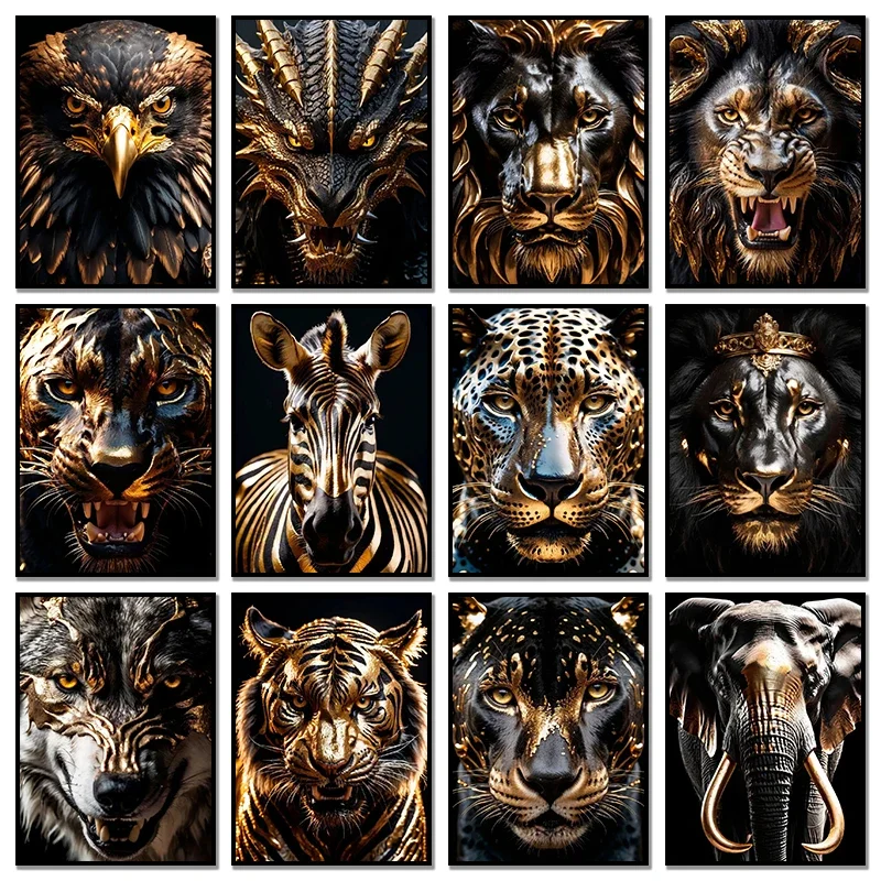 Luxuriöse Schwarz-Goldene Tier-Wandkunst Poster mit Zebra, Löwe, Tiger, Adler, Wolf, Diamant-Gemälde und Drucke für Zimmer und Heim