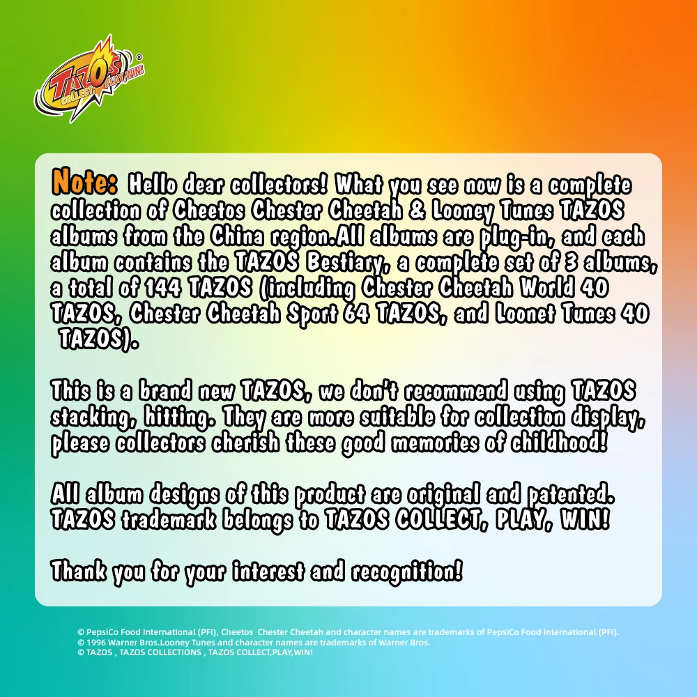 TAZOS Collections Chester Cheetah & Looney Tunes Album 1 2 & 3 Full/Complete Set Flippo Pogs Taps 【Chinese Version-Total 144Pcs】