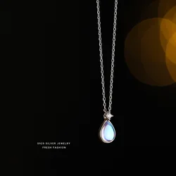 925 Sterling Silver Simulation Moonstone Water Drop Pendant Necklace for Women Vintage Elegant Temperament Jewelry Accessories