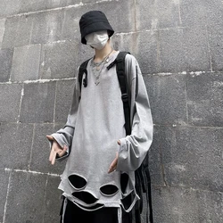 Korean Fashion Men O Neck Long Sleeve T Shirt High Street Black White Gray Hem Ripped Hole Fall Inside Tops Hip Hop Punk Clothes