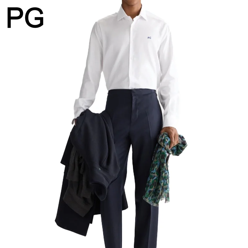 PG Men Formal Collared Long Sleeve Shirt Distinct Brand Logo Embroidery Left Chest Minimalist Meeting Vacation Commute Wear