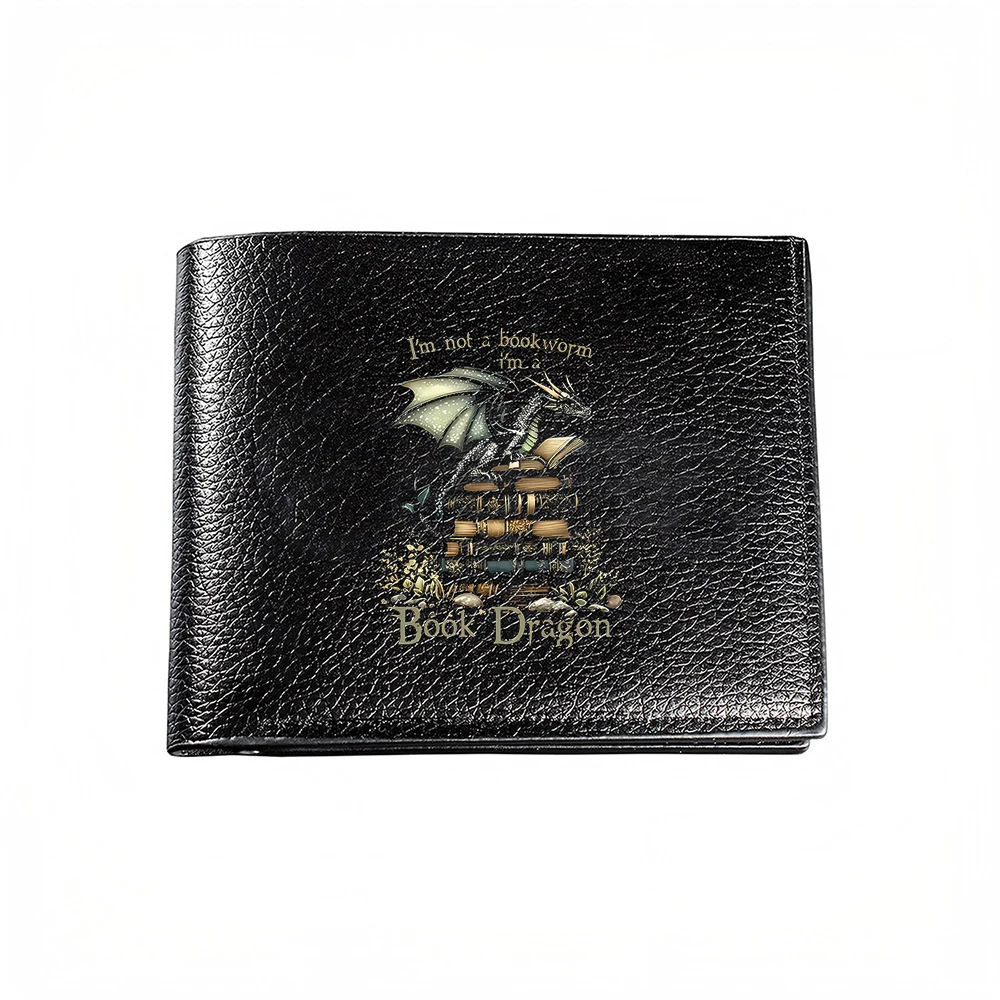 Book Dragon With Stack Of Books And Wings Design Men S Wallet Card Holder Casual Business Fashion Print