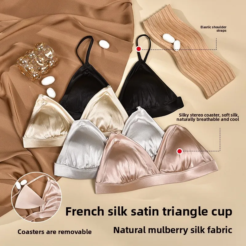 

Летний атласный шелковый бюстгальтер без косточек, французское нижнее белье, прозрачная треугольная чашка, сексуальный бюстгальтер из шелковицы для маленькой груди, женское нижнее белье