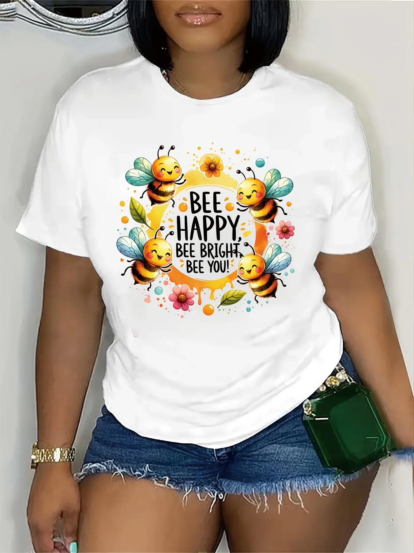 Women Bee Happy Bee You Graphic Tee Soft Short Sleeve Crew Neck Top Vibrant Bee Floral Design Casual Summer Shirt