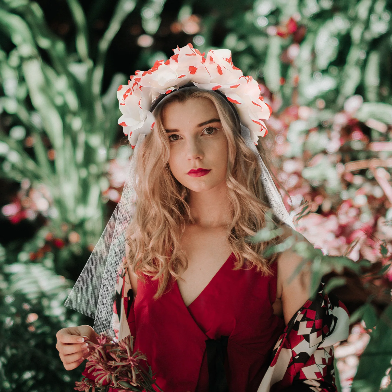 الأحمر الأبيض روز زهرة الحجاب عقال هالوين غطاء الرأس خمر الحجاب الشعر ديكور ليوم الموتى زي حفلة تأثيري #2