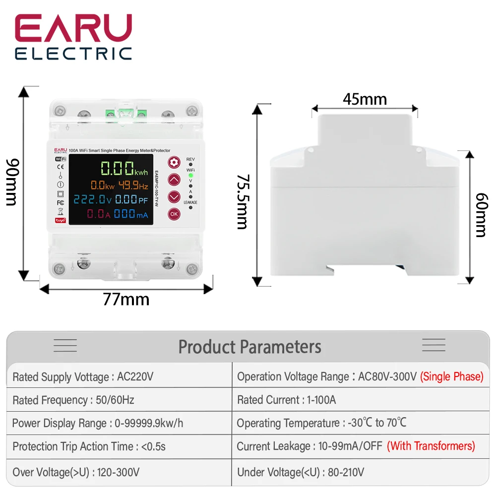 2P 100A Tuya WiFi Smart Bi-Directional Energy Power kWh Meter Leakage Over Under Voltage Protector Relay Switch Current Limit