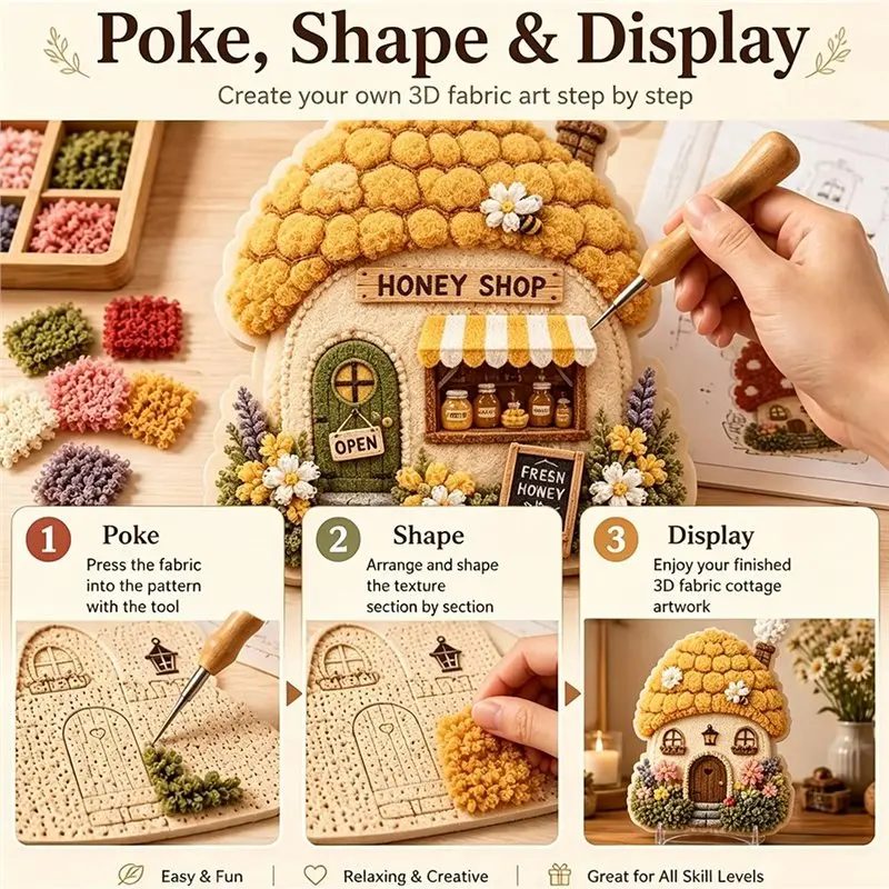 [HOT!A34R】 Relaxation Project Desktop Display 3D Fabric Poke Art Kit Mushroom Cottage DIY Poke Set For Adults And Beginners