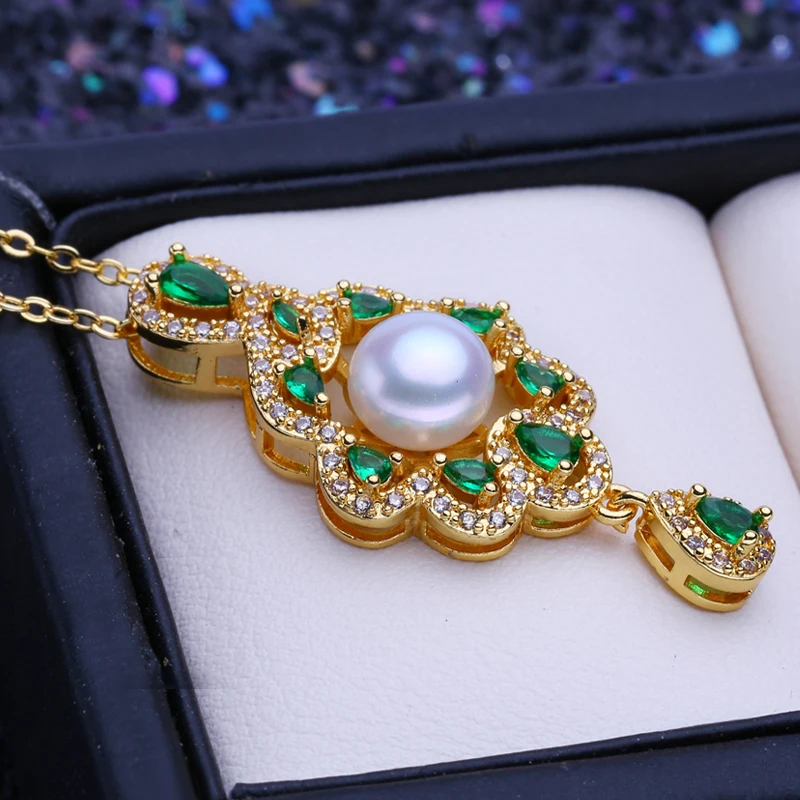 FENASY Bohemian Party Luxury Emerald Gold Color Pendant Natural Freshwater Pearl Necklaces For Women Idea Gift