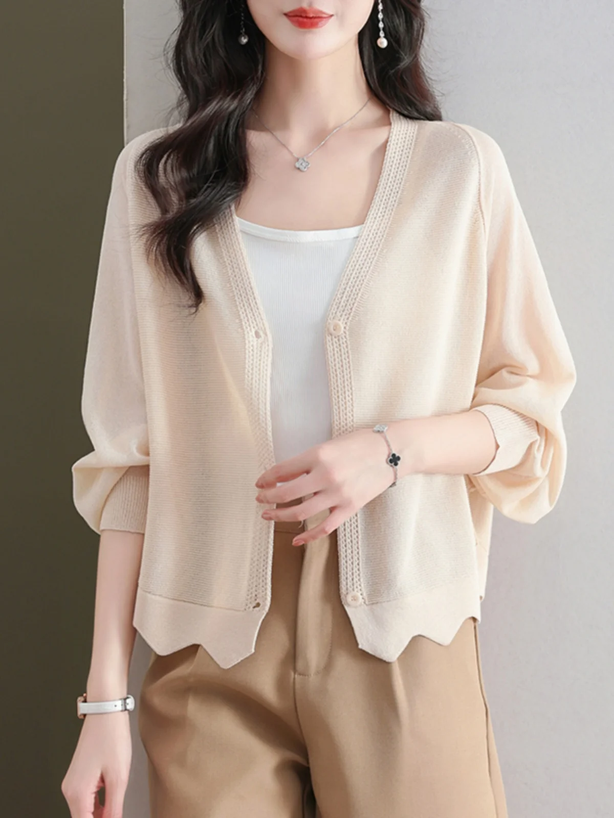 Ice Silk Sunscreen Knitted Cardigan Jacket for Women's Thin Summer Shawl with Suspender and Short Air-conditioned Cover Up