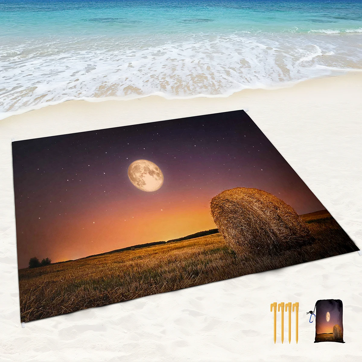 Sandproof Beach Blankets Moon Print Beach Mats Waterproof Quick Drying Mat Made with 4 Stakes & 4 Corner Pockets for Camping