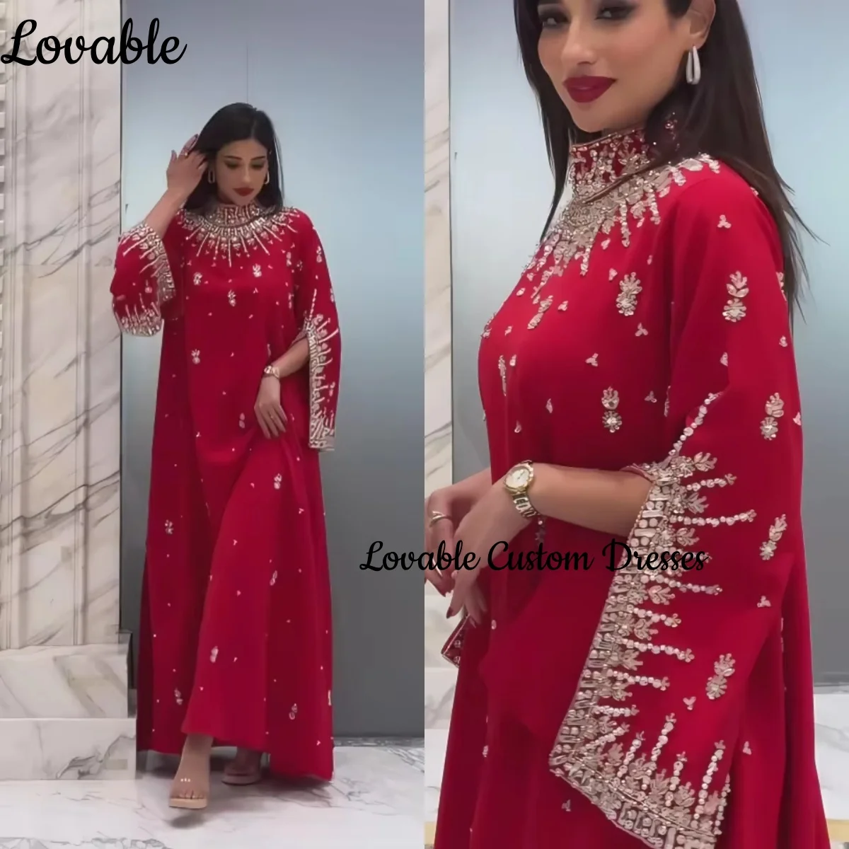 

Роскошное вечернее платье в Дубае на заказ, длиной до пола, с бисером, платья для выпускного вечера, овальный вырез, молния, длинные рукава, Vestido