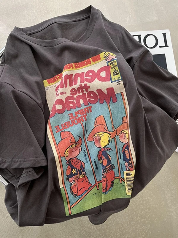 

Женская футболка оверсайз в стиле ретро с принтом, свободного кроя, с круглым вырезом, длинным рукавом, в корейском стиле, для студентов, летняя, повседневная, размер 300 Pou Fat MM