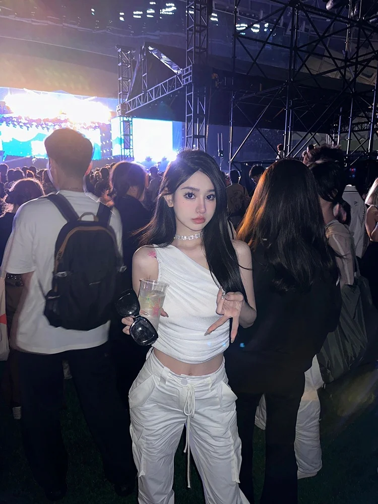 Faionable oulder Bared ort Chaleco de vientre plegado para deportes de baile callejero y latino Top T irt Diseño de un solo hombro Algodón M...