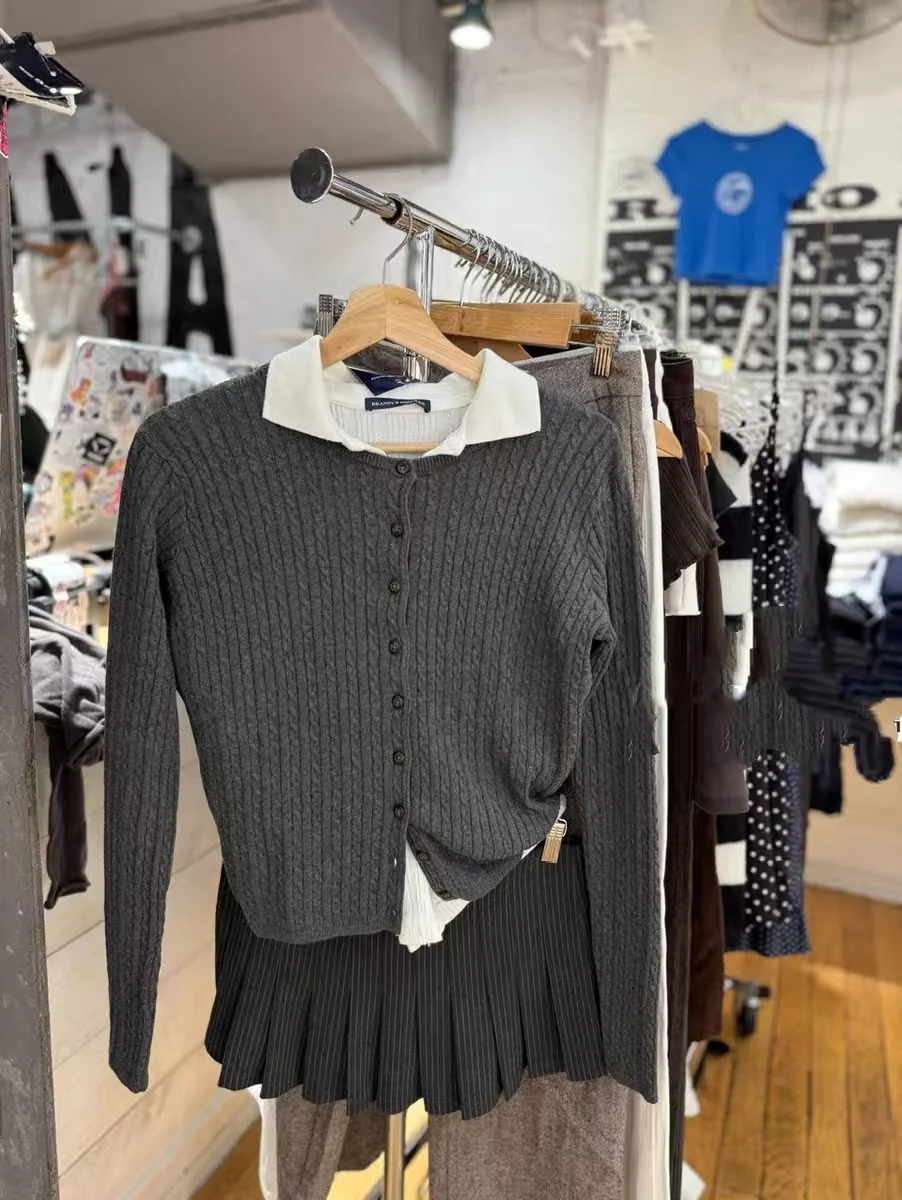 

Slim Fit Long Sve Knitted Cardigan round Ne Twist Yarn Open irt Spring Autumn Lazy Sle Brandy BM American Sle Wome...