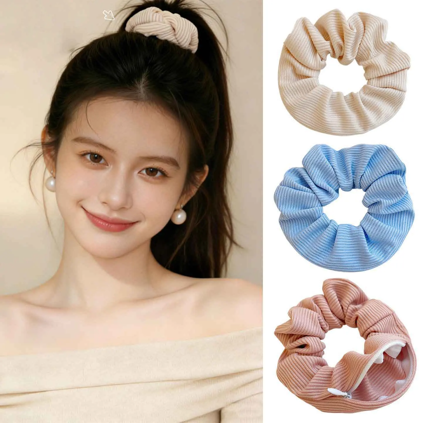 Zipper Storage Scrunchie Ribbed Fabric Hair Ties Hidden Pocket Hairband Women Elastic Ponytail Holder
