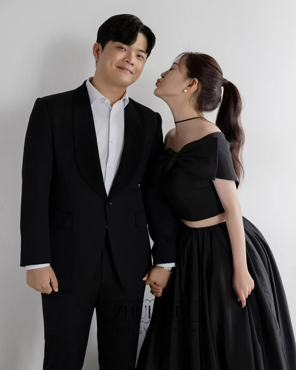 ZHUISHU ワンショルダーボウブラック韓国風ウェディングドレス2ピースAラインカスタムメイドブライダルセルフウェディングスナップドレスパーティガウン