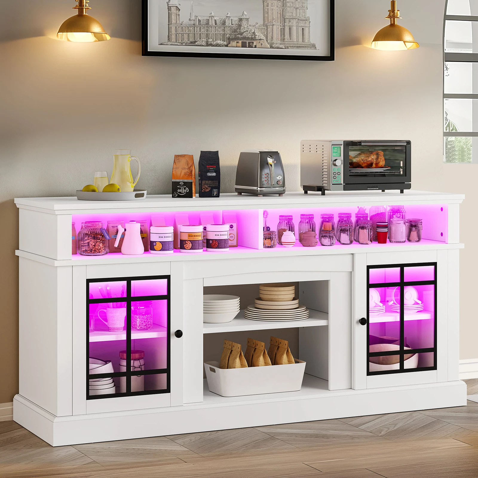 

65" Sideboard Buffet Cabinet with LED Light Kitchen Coffee Bar Table