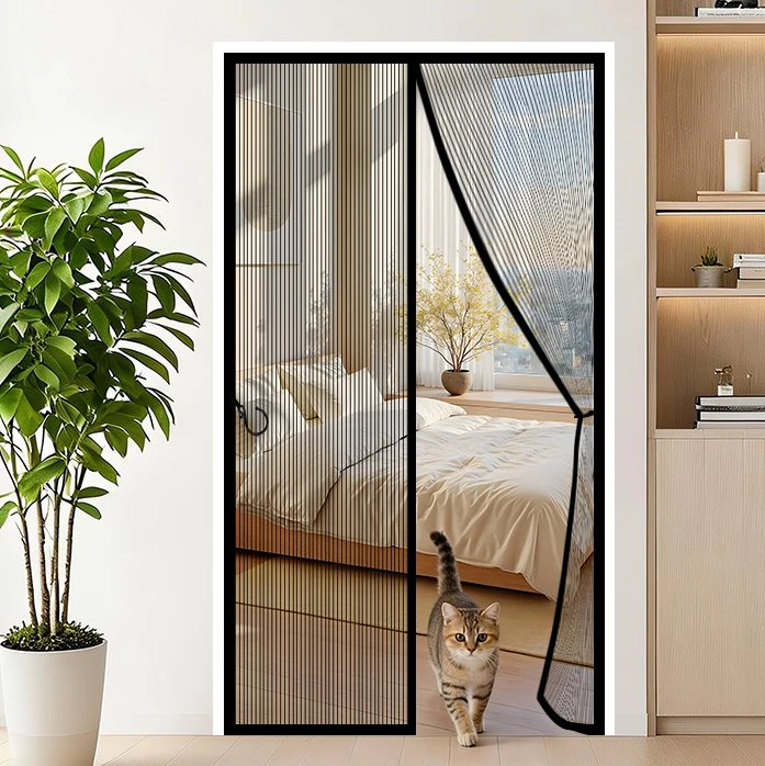 Summer Magnetic Screen Door for Home, Black Striped Mosquito-Proof Breathable Screen Door with Foldable Design, Magnetic Mesh Sc