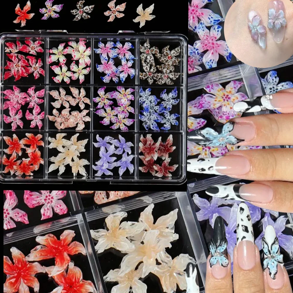 

12Grids 3D Hawaiian Flower Nail Art Charms Creative Spotted Lily Floral Nails Decorations Leopard Print Blossom Manicure Parts *