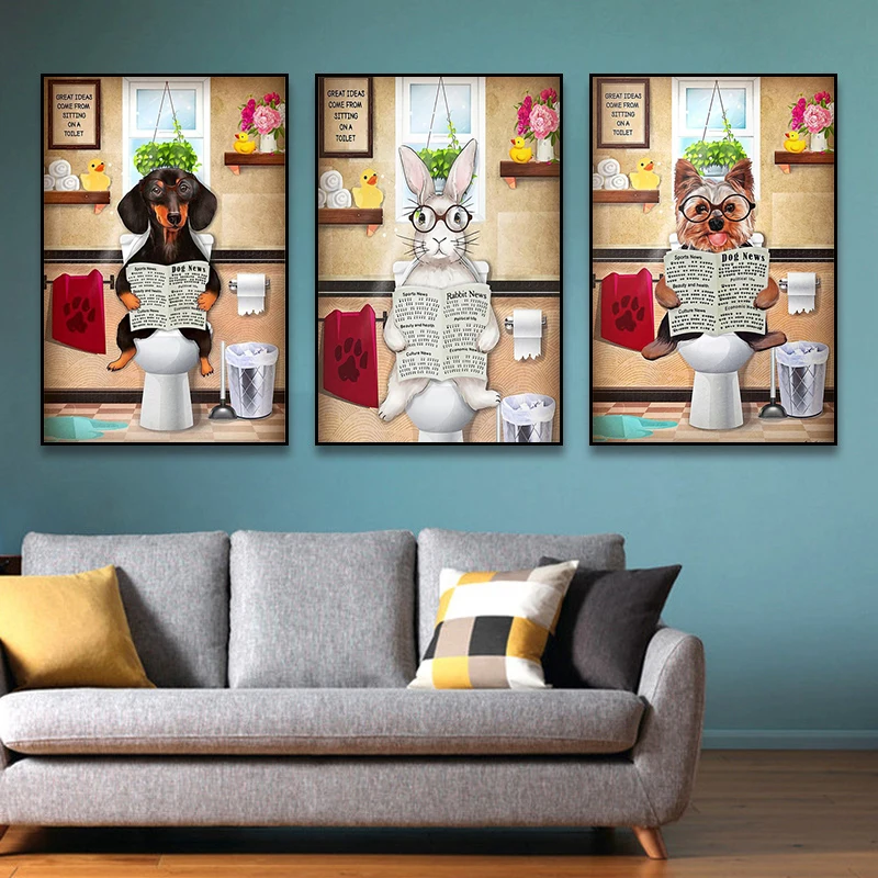 

Fun Bathroom Dog Reading Newspaper Posters and Prints Modern Animal Canvas Painting Wall Art Picture for Living Room Home Decor