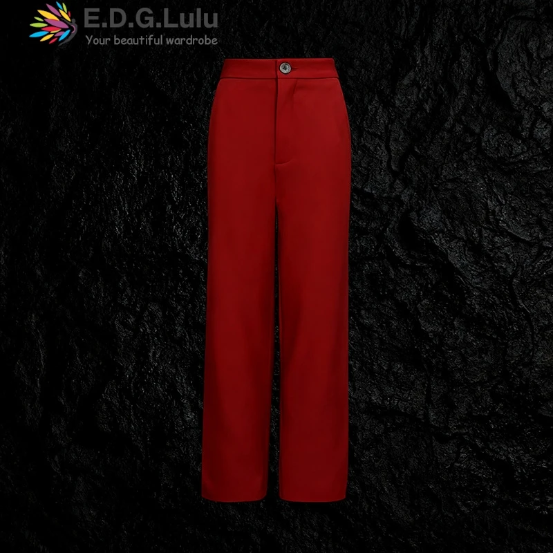 EDGLuLu Korean Fashion Women's Two Pieces Set V-Neck Long Sleeved Suit Jacket+Straight Leg Pants Red Suit 1205