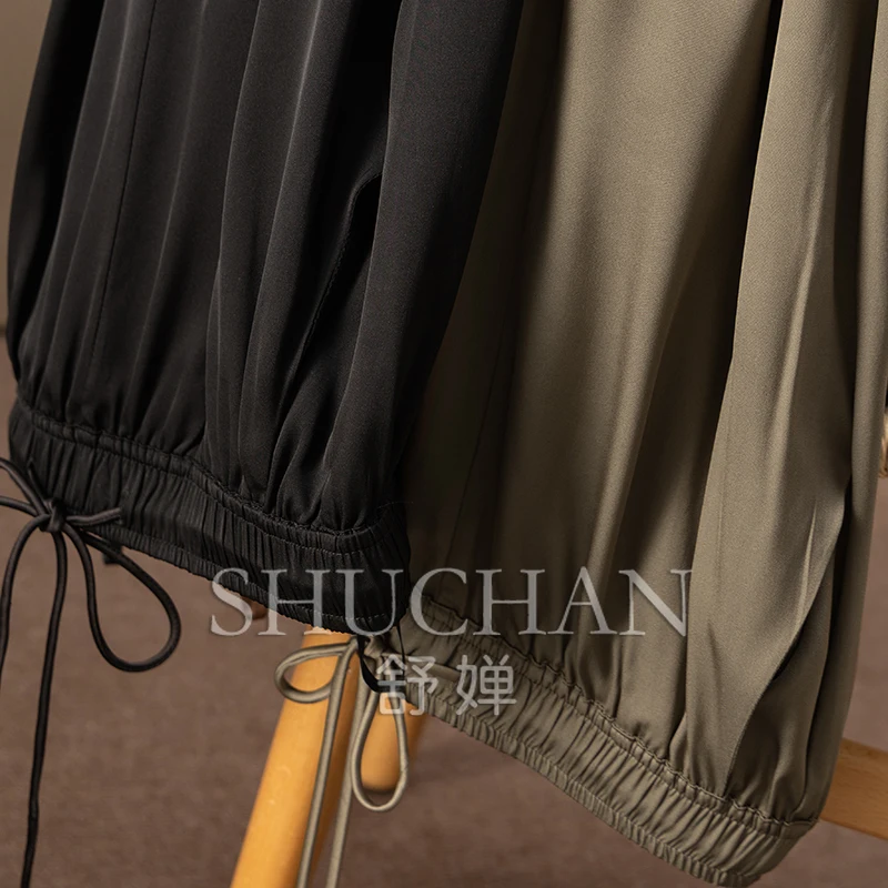 가벼운 럭셔리 통근, 무거운 탄성 실크 더블 조 탄성 허리 스트레이트 와이드 레그 팬츠 여성 8W90