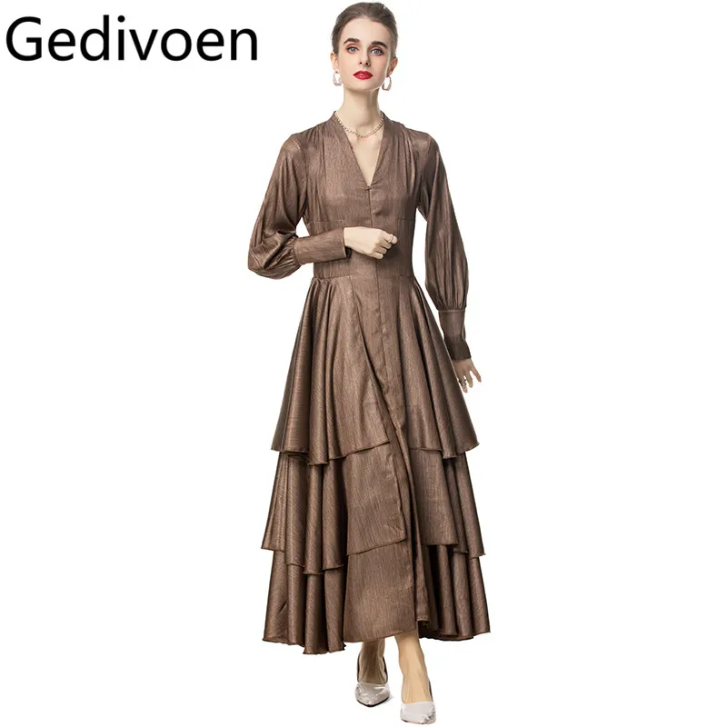 

Gedivoen Spring Summer Women's Dress V-Neck Long Sleeve Solid Flounced Edge High waist Slim Dresses Formal Occasion Clothes