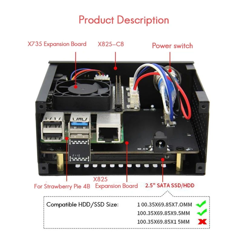 حافظة لقرص التوت Pi 4B ، قرص صلب SATA ، لوح محرك SSD ، مروحة تبريد ، زر تبديل