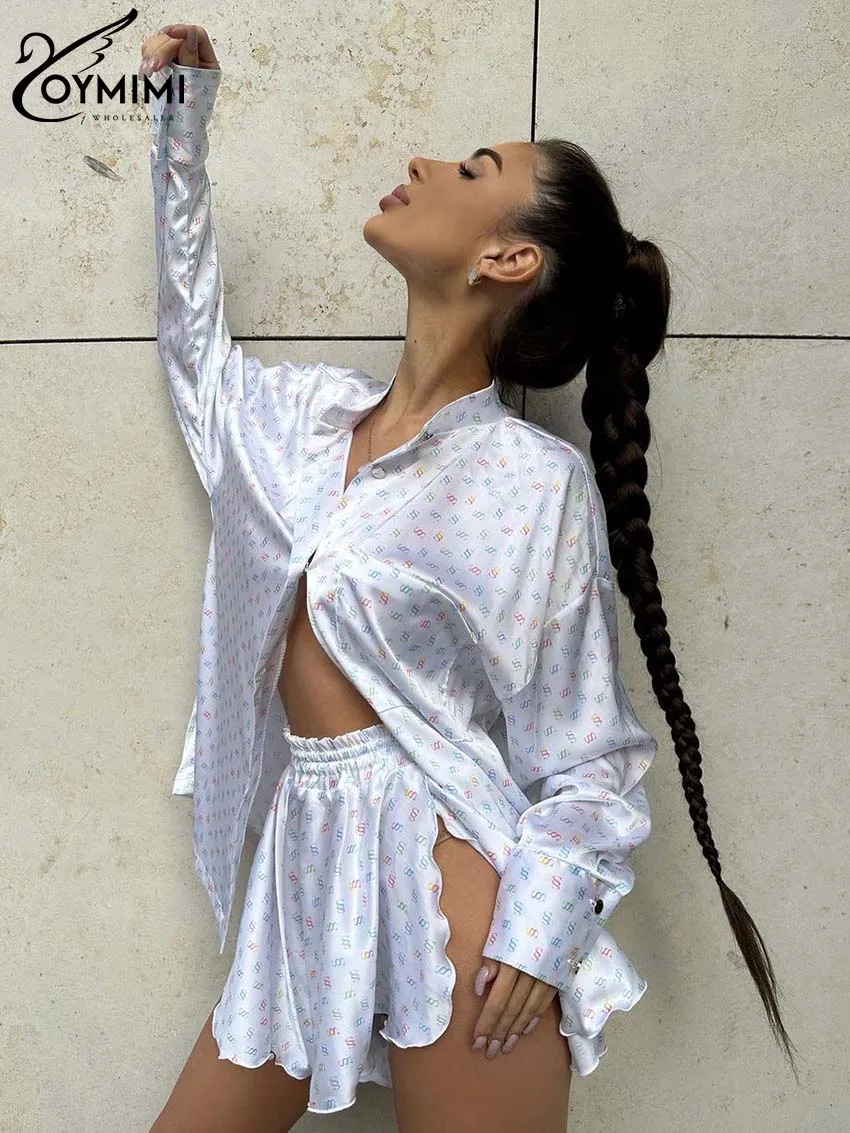Oymimi Elegant White Print Sets For Women 2 Pieces Fashion Lapel Long Sleeve Button Shirts And High Waisted Side Slit Shorts Set