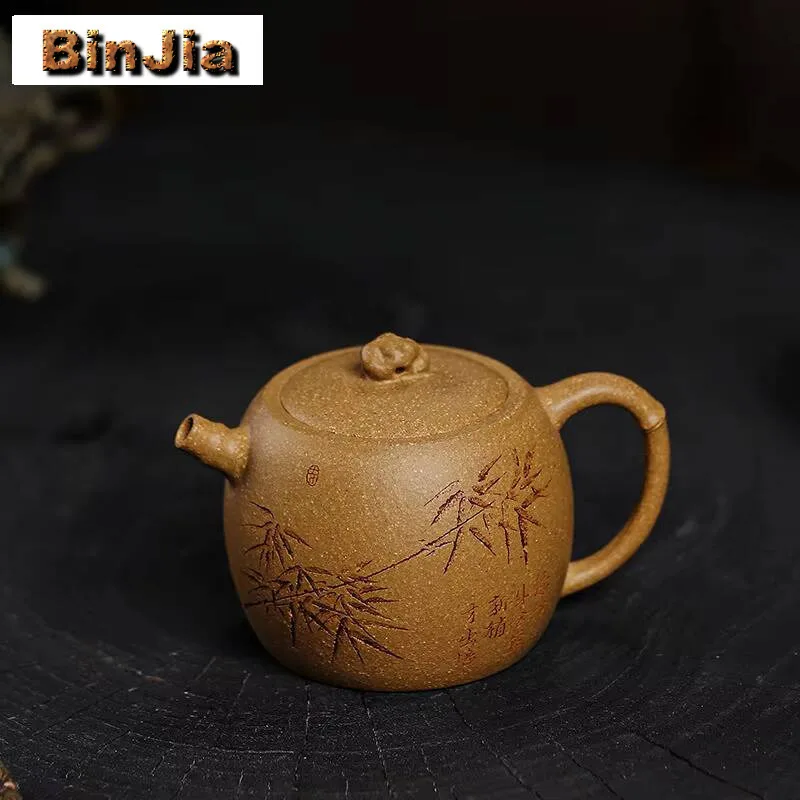 

180Ml Authentic Yixing Purple Clay Pot Hand Carved Bamboo Teapot Golden Raw Ore Old Section Mud Tea Maker Chinese Zisha Set