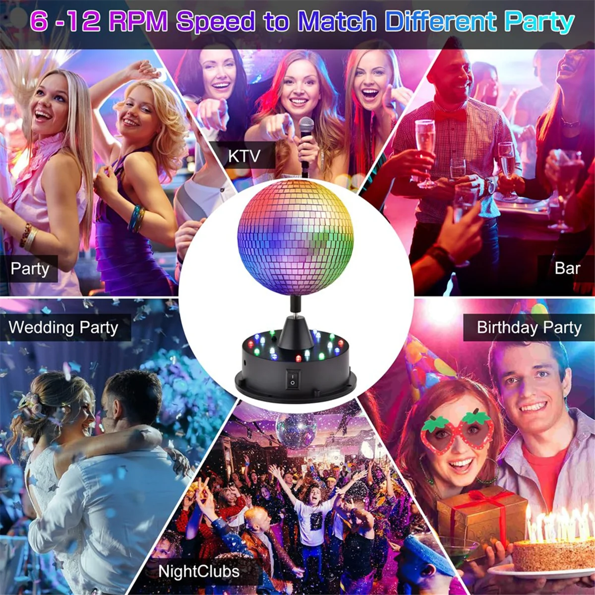 A97G أضواء حفلات كرة ديسكو 5 بوصة مع جهاز تحكم عن بعد، كرة ديسكو قابلة للتعديل 6-12 دورة في الدقيقة، 18 مصباح LED، معلق واستخدام الطاولة