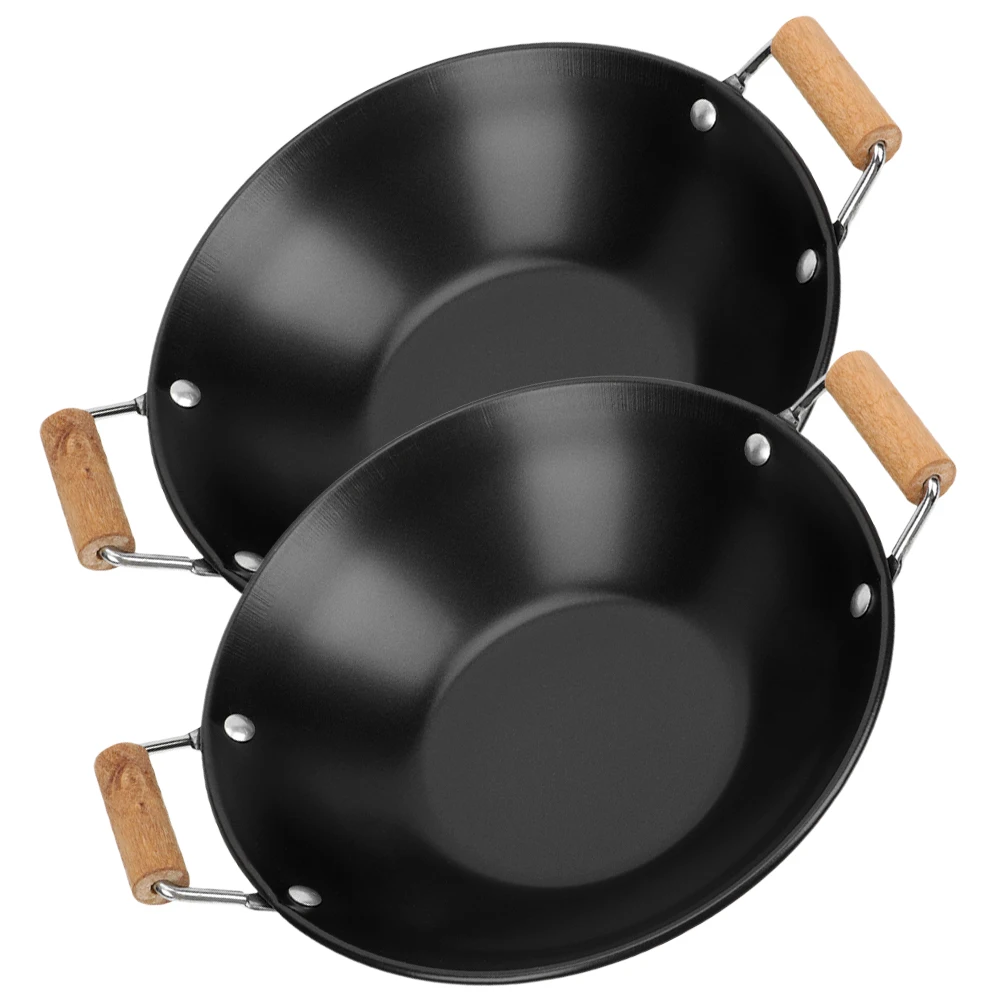 

2pcs Deep Frying Pan Stainless Steel Griddle Cooking Pot Wooden H Household Kitchen Supply Thickened Dry Pot Heat Resistant