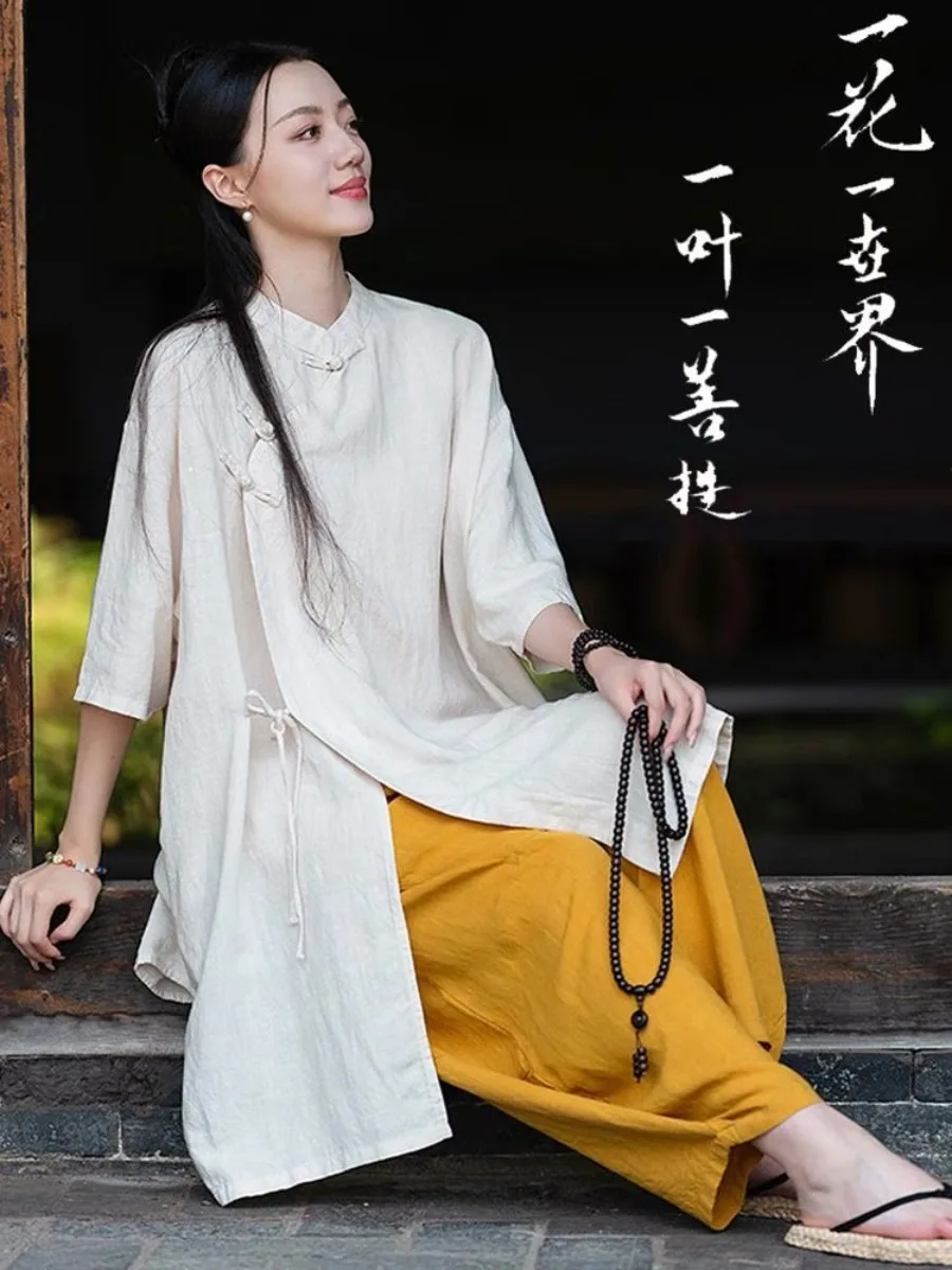 New Cotton Linen Shirt Loose Fit Mid-Length Medium Sleeve Practice Clothing Plain Attire Taoist Robe Zen Temple Style Shirt