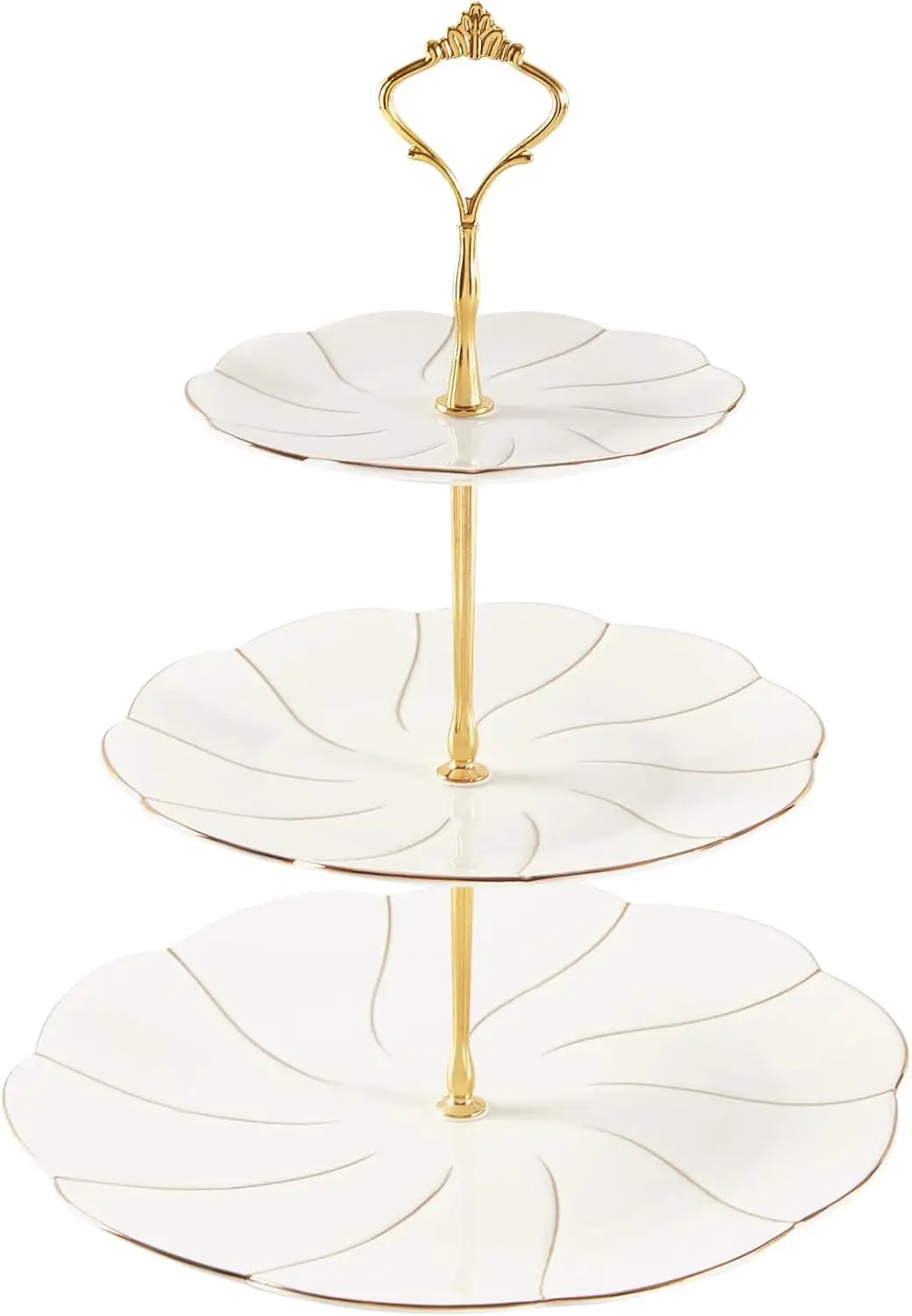 

Luxury 3-Tier Porcelain Cupcake Stand with Golden Trim, 45% Larger Plates for Tea Parties & Home Decor