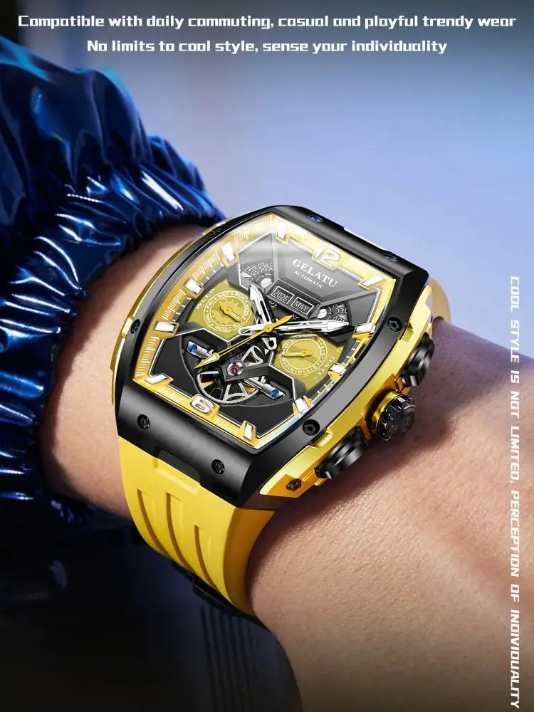 GELATU 6013 Herrenuhren, modisches Silikonarmband, 5 Bar, wasserdicht, Saphirglas, quadratisch, vollautomatische mechanische Armbanduhr für Herren