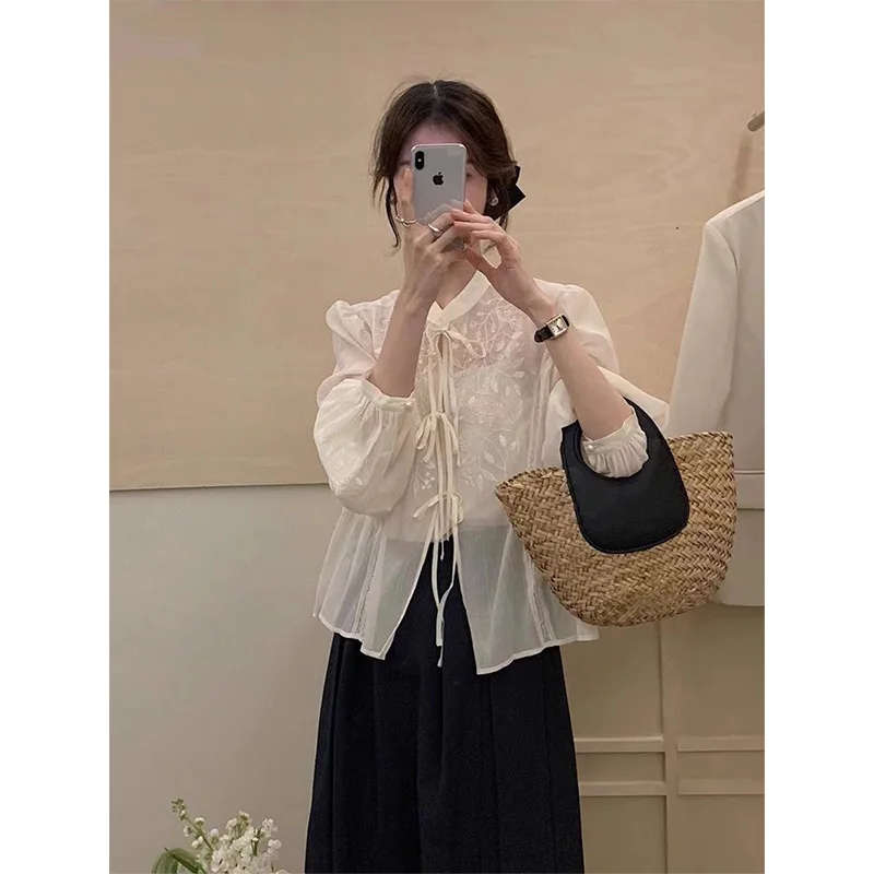 

Women Clothes Spring Autumn Chinese Style Button Solid Color Women Shirts All-match Temperament Indie Folk Long Sleeve Cardigan