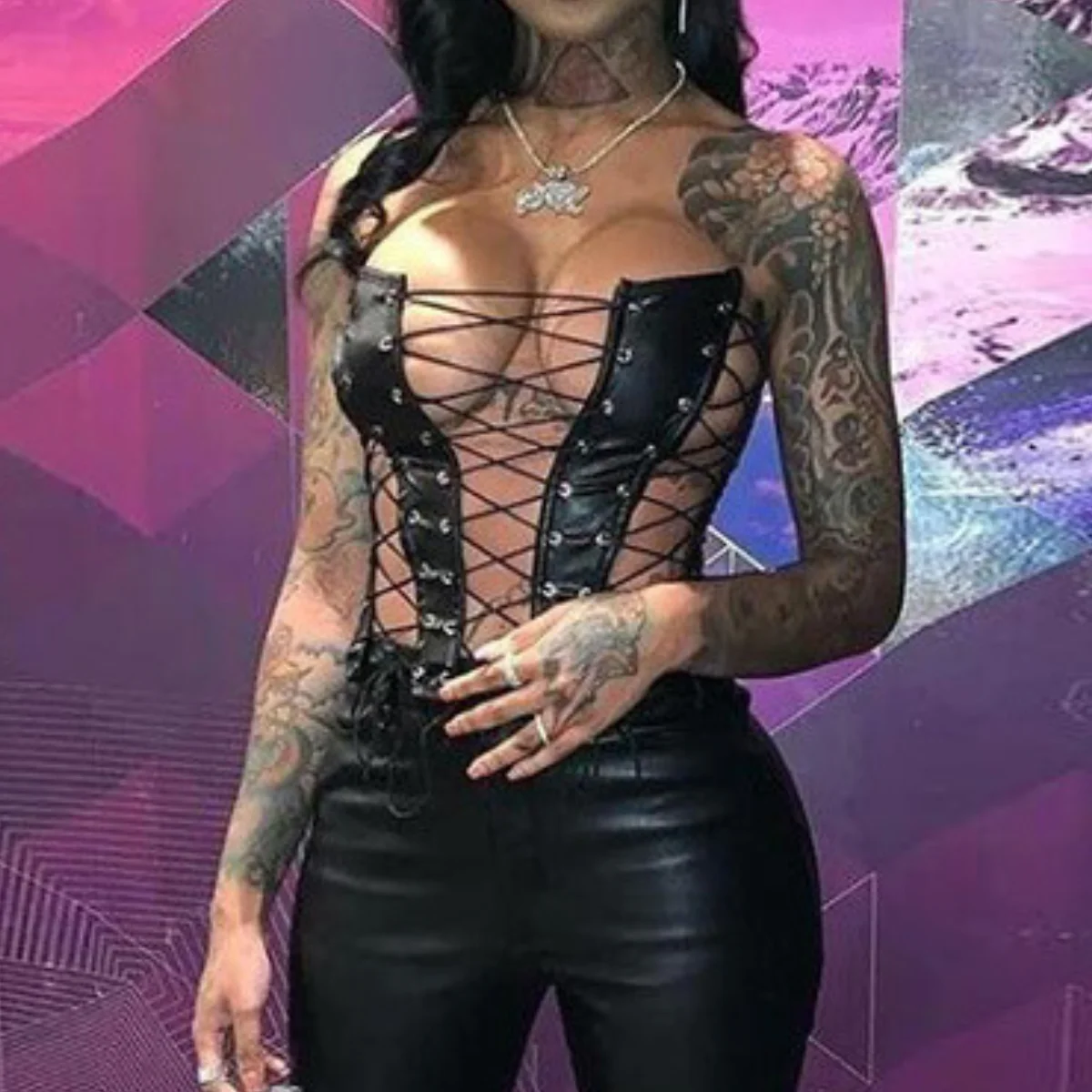 

Женский сексуальный топ-корсет из искусственной кожи с вырезами и шнуровкой, облегающий, для ночного клуба, летний, модный, утягивающий, без бретелек