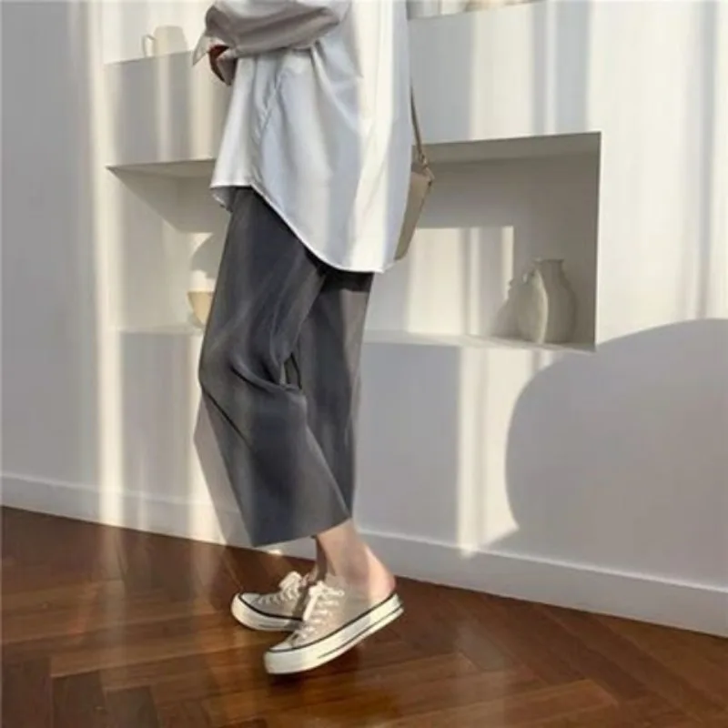 

Однотонные брюки для женщин, тонкие летние универсальные свободные брюки до щиколотки в корейском стиле для девочек с высокой талией, минималистичные крутые повседневные молодые брюки