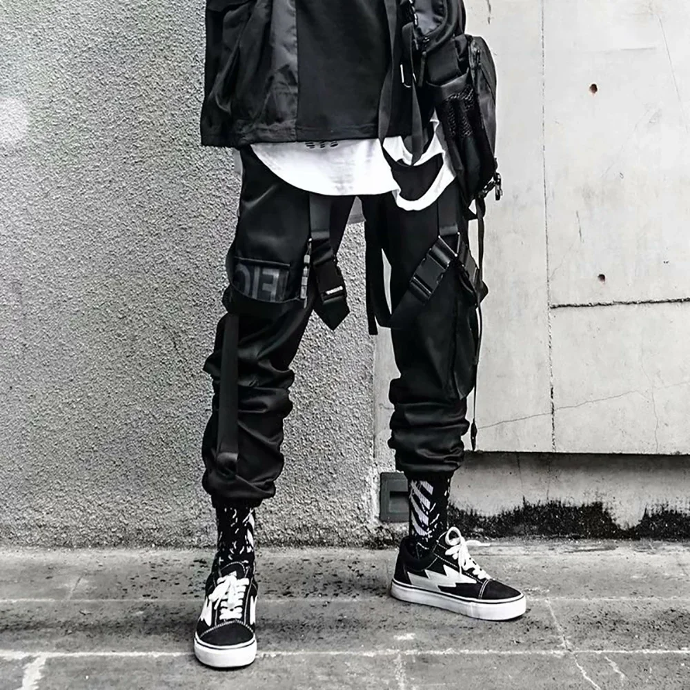 

Men's Cargo Pants Letter Ribbons Punk Pockets Trousers Hip Hop Streetwear Fashion Hit Color Casual Pants Male Harem Sweatpants