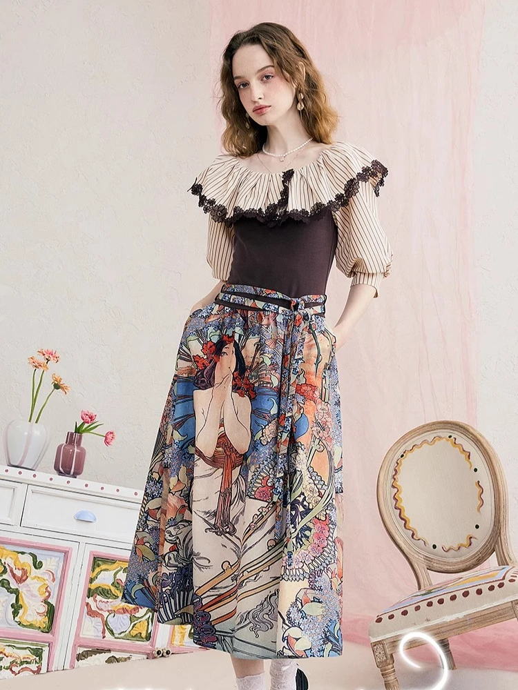 

73-81cm Elastic Bust SpringSummer Long Dress Women French Vintage Elegant Slim Striped Ruffle Collar Retro Print Patchwork Dress