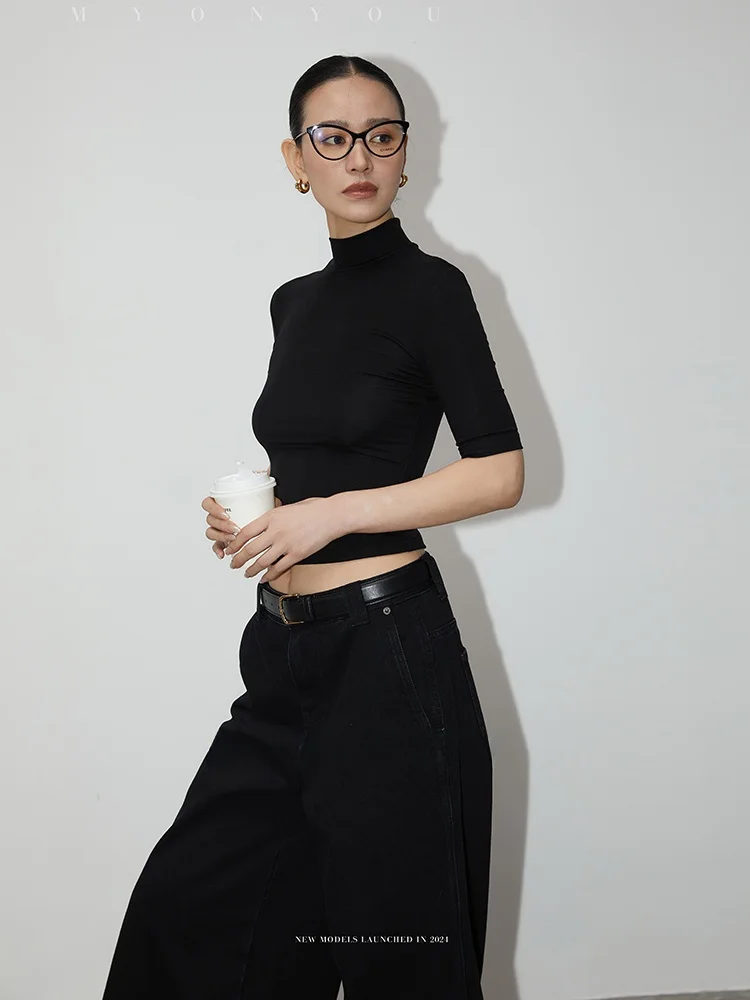 

Myonyou, оригинальная матовая дизайнерская ретро универсальная облегающая эластичная футболка со средним рукавом и полувысоким воротником для женской летней одежды